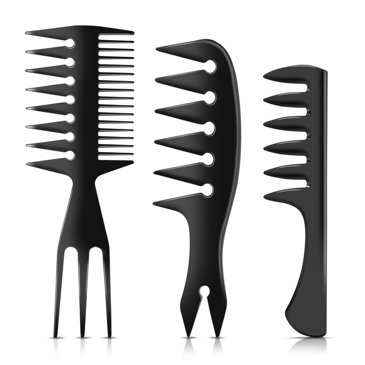 DUAIU Set de piepteni pentru barbati cu 3 piese si accesorii de tuns, pieptene 3 in 1 Fishbone, pieptene cu dinti lati, pieptene texturat pentru pieptanare pe spate, cap de avion, Pompadour, Faux Mohawk, tuns sub tuns, negru