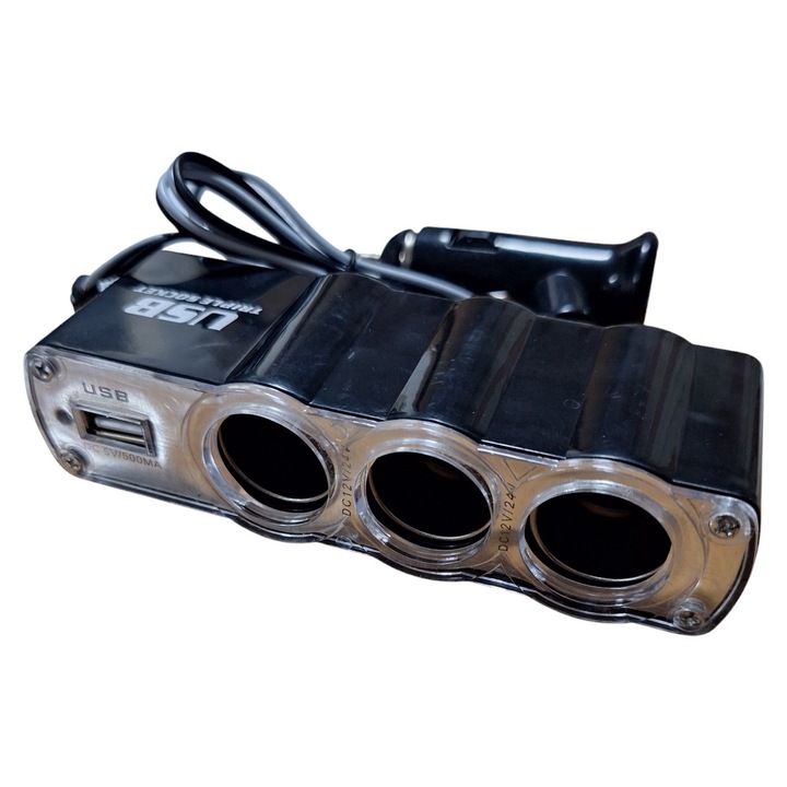 Adaptor bricheta auto multiplicator cu 3 sloturi pentru bricheta si un port USB, cablu 5 m lungime