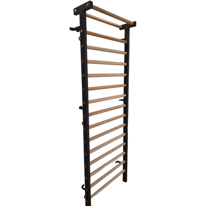 Spalier pentru gimnastica cu laterale negre, din metal si bare de lemn, 15 bare din fag - 230x90 CM
