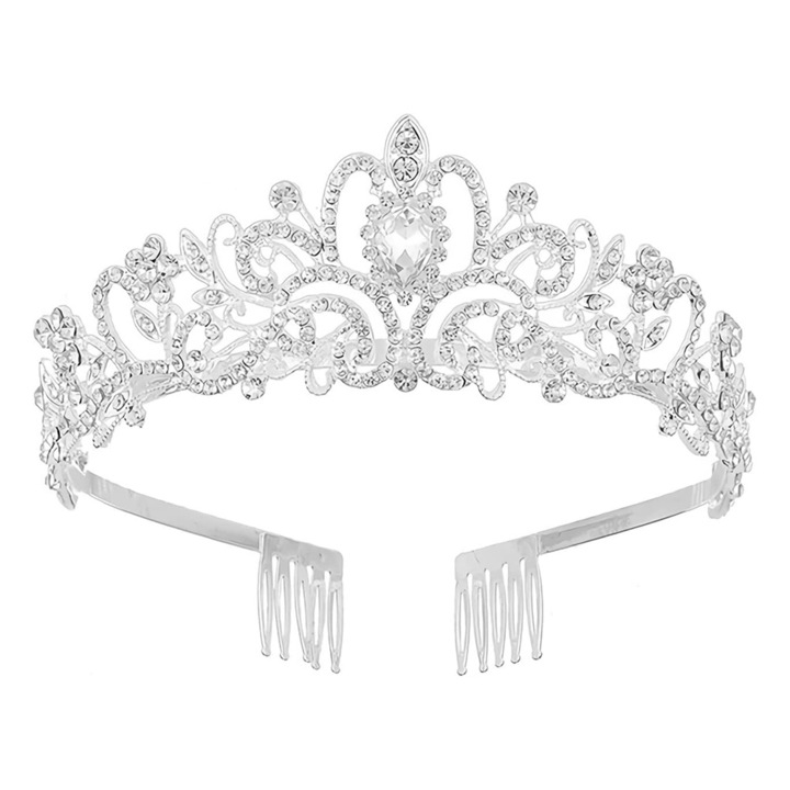 Ezüst tiara kristályokkal, BOMSTOM, 13x5cm, fésűvel