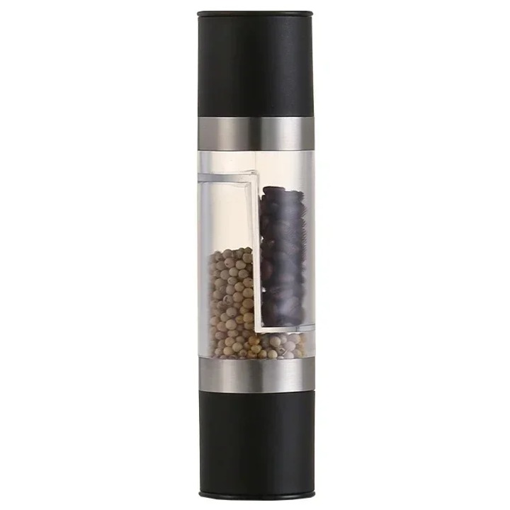 2in1Rasnita pentru Piper si Sare de Mare-plastic materiale, gadget de bucatarie cu ajustare a grosimii, fara nevoie de electricitate, Proaspat familii, bucatarii de restaurante, calatorii cu RV si gratare in aer liber, negru,200 ml, design cu cap dublu