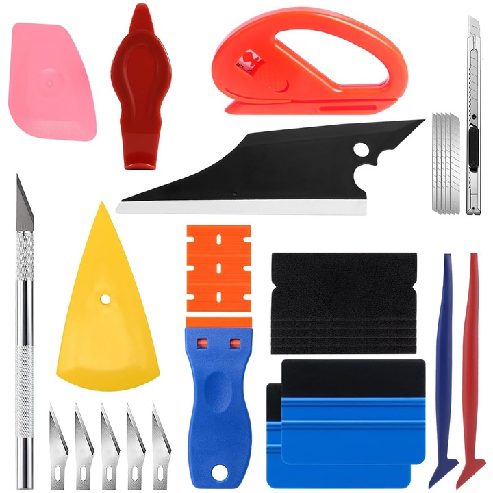 Set 40 accesorii profesionale folie auto, SINBINTA, Kit aplicare profesionale folie auto, Usor de transportat, Nu este usor de spart si usor de curatat, Pentru masini, motociclete, camioane, Plastic/Metal, Multicolor