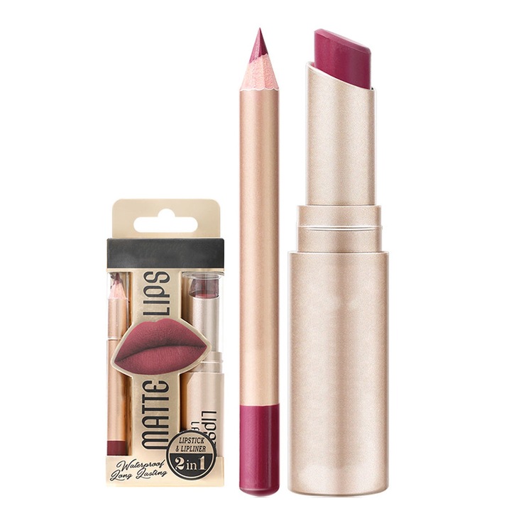 Комплект 2 в 1 червило и молив за устни, SINBINTA, S2, Металическо червило, Незалепваща чашка, Не избледнява, Водоустойчив, Много дълготраен, Натурална формула, Лесен за нанасяне и премахване, Многоцветен