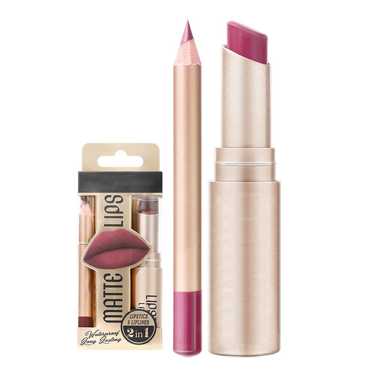 Комплект 2 в 1 червило и молив за устни, SINBINTA, S3, Металическо червило, Незалепваща чашка, Не избледнява, Водоустойчив, Много дълготраен, Натурална формула, Лесен за нанасяне и премахване, Многоцветен