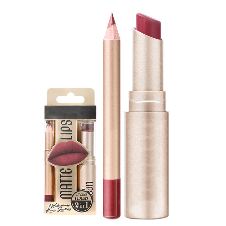Комплект 2 в 1 червило и молив за устни, SINBINTA, S4, Металическо червило, Незалепваща чашка, Не избледнява, Водоустойчив, Много дълготраен, Натурална формула, Лесен за нанасяне и премахване, Многоцветен
