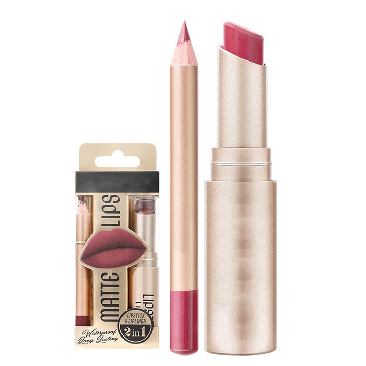 Set combinat de ruj si creion de buze 2 in 1, SINBINTA, S6, Ruj metalic, Cupa antiaderenta, Fara decolorare, Rezistent la apa, Cu durata de viata foarte lunga, Formula naturala, Usor de aplicat si de indepartat, Multicolor