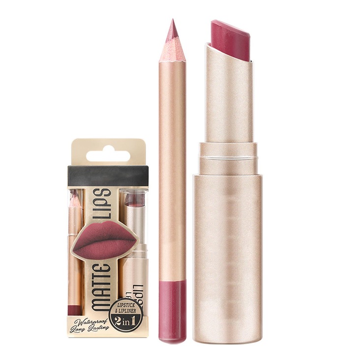 Комплект червило и молив за устни SINBINTA, 2 в 1, S8, Металическо червило, Незалепваща чашка, Не избледнява, Водоустойчив, Много дълготраен, Натурална формула, Лесен за нанасяне и премахване, Многоцветен