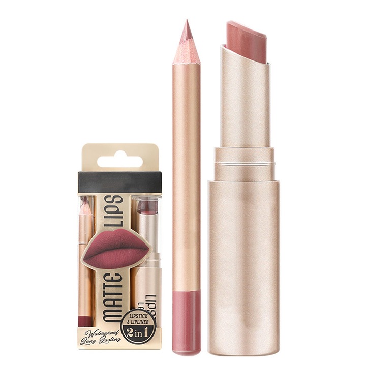 Set combinat de ruj si creion de buze 2 in 1, SINBINTA, S11, Ruj metalic, Cupa antiaderenta, Fara decolorare, Rezistent la apa, Cu durata de viata foarte lunga, Formula naturala, Usor de aplicat si de indepartat, Multicolor