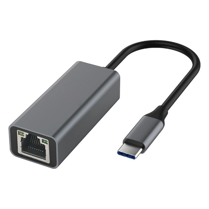 Адаптер за мрежова карта Bomstom, USB-C към RJ45 Gigabit Ethernet, алуминиева сплав, 1000 Mbps, сив