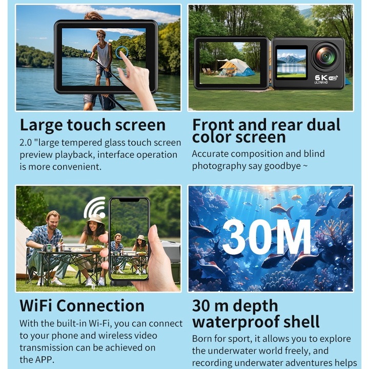 6K MOGODA®️ Спортна видеокамера, 6k 25fps, 5k 30fps, 4k 60fps, Sony IMX576 сензор, 6-осна EIS стабилизация, WiFi, 2 екрана 2” и 1.3”, 170°, 48MP снимки, iSmart DV2 приложение, 30m подводен корпус, видео, снимки, Burst, TimeLapse, PreRecord , ActionCam