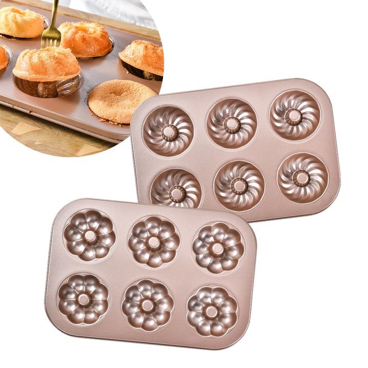 Set 2 forme pentru copt desert, tava de copt cu sase compartimente, pentru pregatirea prajiturilor si a gogosilor, 29x19,8x2,1cm