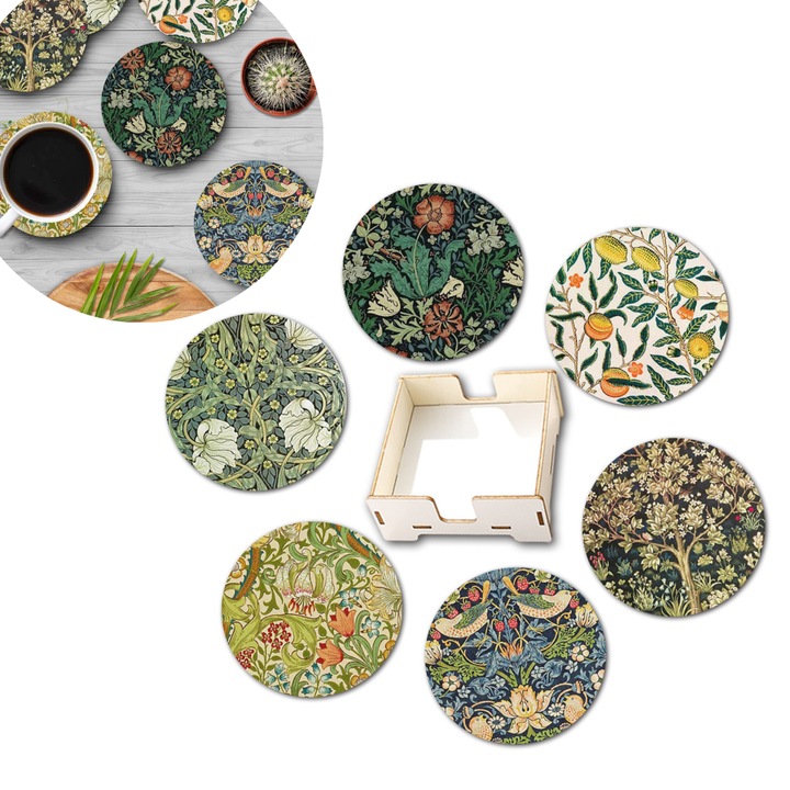 Set 6 suporturi pentru pahare din lemn cu cutie de stocare din lemn, cu multiple motive, rezistente la caldura si anti-glisante, diametru 10cm