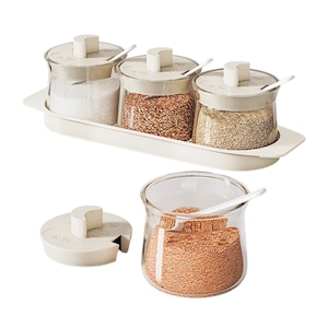 Set 3 Recipient Condimente pentru Bucatarie cu Suport, 9.5x9x31cm, Alb