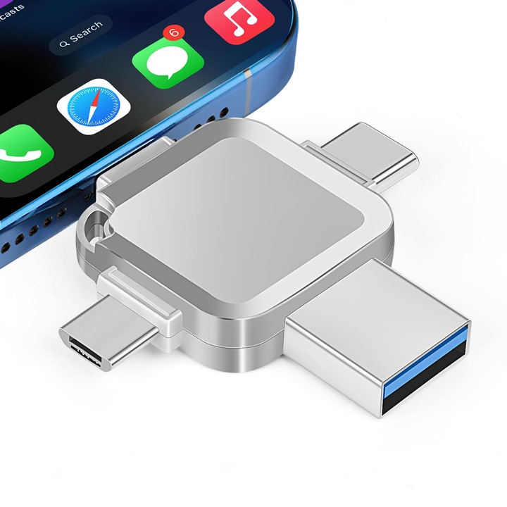 Stick memorie 2TB multifunctional 4 in1, 2000GB transfer rapid intre dispozitive, compatibilitate iPhone si USB 3.0 Type-C OTG, 4 tipuri de conexiuni, High Speed, Argintiu