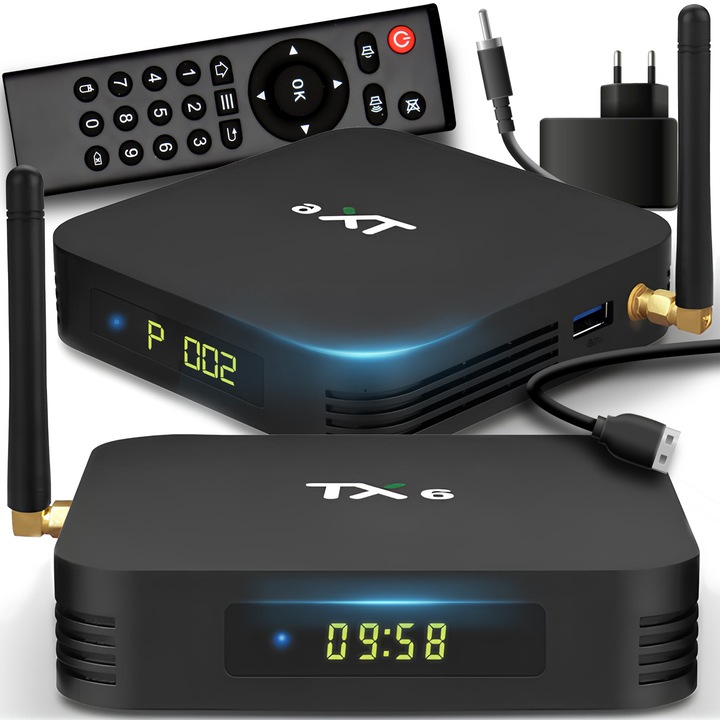 Smart TV Box RETOO TechPro TX6, Android 9 Pie, 4GB RAM, 32GB Storage, AllWinner H6, GPU MALI-T720, WiFi 2.4GHz, HDMI 2.0a HDR 4K, USB 3.0, поддръжка на Miracast & AirPlay, съвместим с Netflix, YouTube, игри и приложения за стрийминг, черен