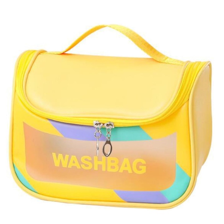 Genti Cosmetice pentru Voiaj, SINBINTA, Portfard de Calatorie, Separare uscat/umed, Cu maner, 2 compartimente, Impermeabila, Capacitate mare, Usor de transportat, Ideale pentru transport, depozitarea machiajelor, PVC, 22x16x12.5cm, Multicolor/Galben