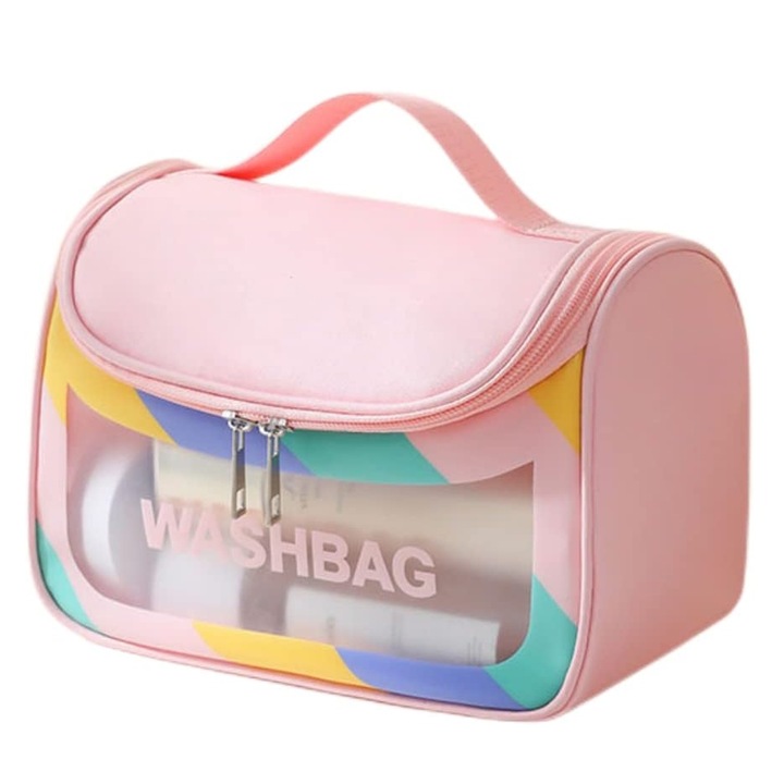 Пътна козметична чанта, SINBINTA, Разделяне за сухо/мокро, С дръжка, 2 отделения, Водоустойчива, Голям капацитет, Лесна за носене, Идеална за транспортиране, Съхранение на грим, PVC, 22x16x12.5 см, Многоцветна/Розова