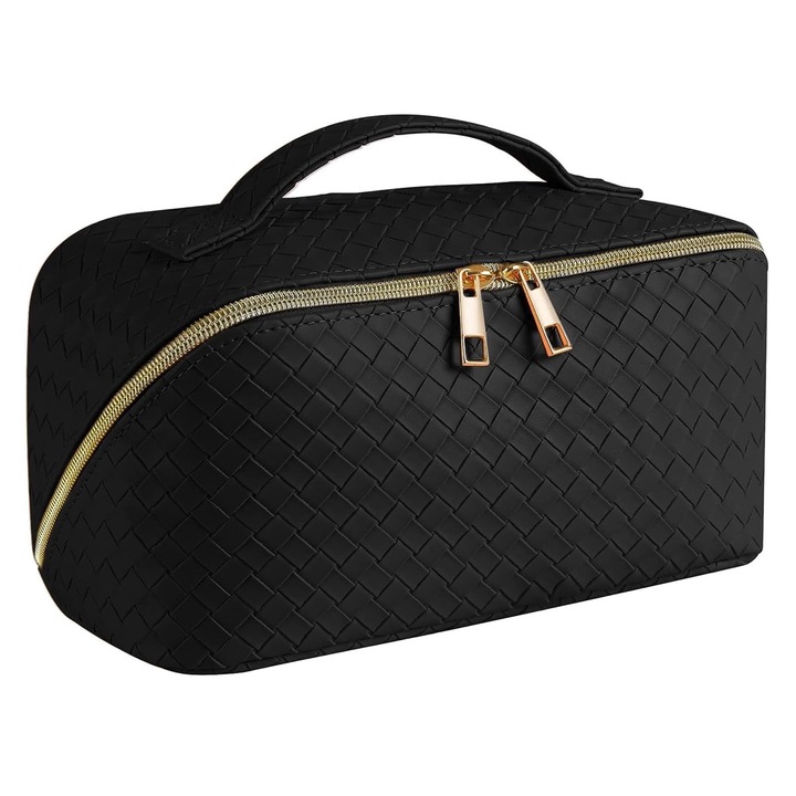 Geanta Cosmetica, SINBINTA, Geanta pentru Machiaj de Calatorie, Cu maner, 5 compartimente, Impermeabila, Capacitatea mare, Usor de transportat, Ideala pentru depoziatrea si stocarea diferitelor obiecte, PU, 24x12x12cm, Negru