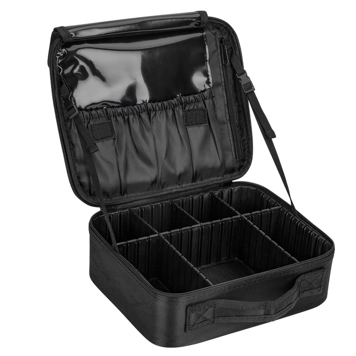 Козметична чанта за пътуване с голям капацитет, SINBINTA, Водоустойчива козметична чанта, С дръжка, 3 рафта, Добре разделена, Лесна за носене, Идеална за пътуване и ежедневна употреба, Оксфорд, 26x23x10 см, Черна