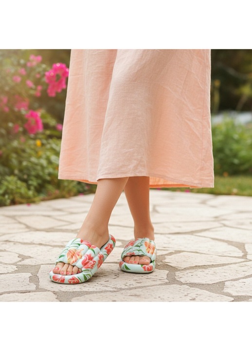 Papuci cu motiv floral H676albastru 115033, Albastru, 38-39