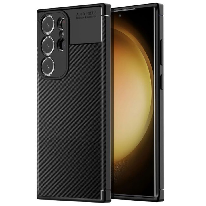 Мек TPU калъф от въглеродни влакна, съвместим със Samsung Galaxy S25 Ultra, въглеродно черен