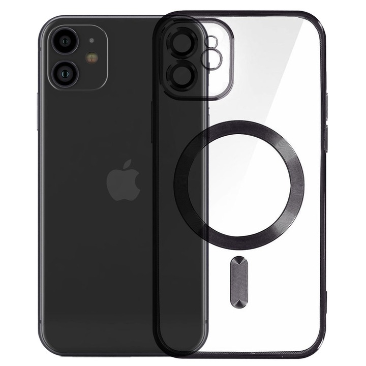 Husa tip MagSafe pentru Apple iPhone 11, Glamour MagCase, Protectie lentile camere, Rama electroplacata, Accente metalizate, Margini ridicate, Incarcare wireless, Magnetica, Negru