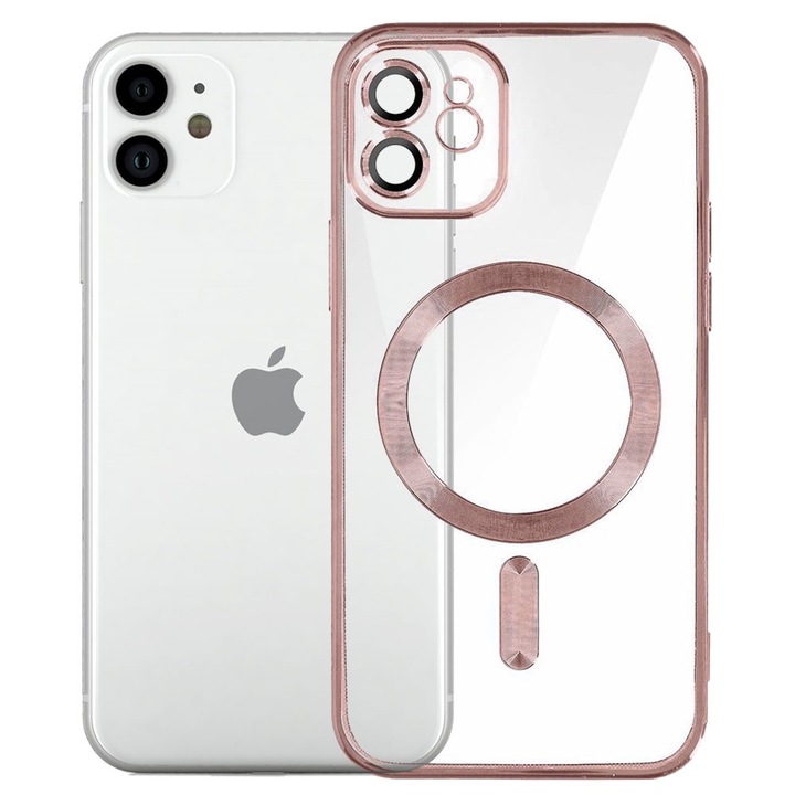 Husa tip MagSafe pentru Apple iPhone 11, Glamour MagCase, Protectie lentile camere, Rama electroplacata, Accente metalizate, Margini ridicate, Incarcare wireless, Magnetica, Roz