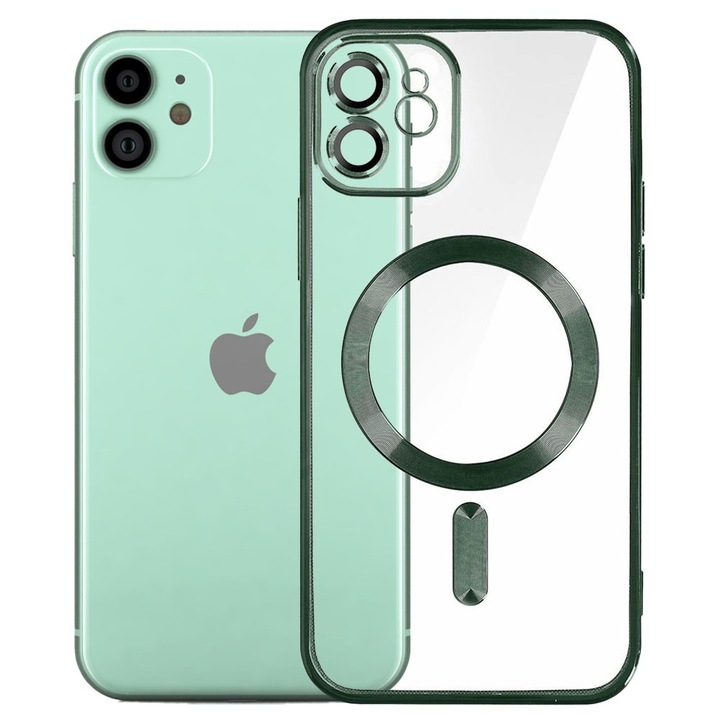 Husa tip MagSafe pentru Apple iPhone 11, Glamour MagCase, Protectie lentile camere, Rama electroplacata, Accente metalizate, Margini ridicate, Incarcare wireless, Magnetica, Verde