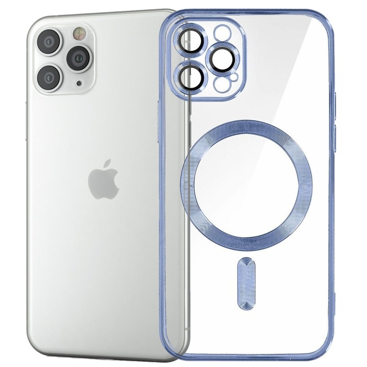 Husa tip MagSafe pentru Apple iPhone 11 Pro Max, Glamour MagCase, Protectie lentile camere, Rama electroplacata, Accente metalizate, Margini ridicate, Incarcare wireless, Magnetica, Albastru
