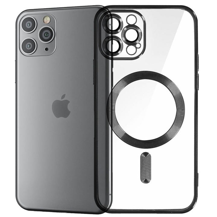 Husa tip MagSafe pentru Apple iPhone 11 Pro Max, Glamour MagCase, Protectie lentile camere, Rama electroplacata, Accente metalizate, Margini ridicate, Incarcare wireless, Magnetica, Negru