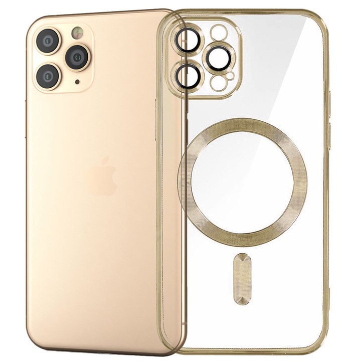 Husa tip MagSafe pentru Apple iPhone 11 Pro Max, Glamour MagCase, Protectie lentile camere, Rama electroplacata, Accente metalizate, Margini ridicate, Incarcare wireless, Magnetica, Auriu