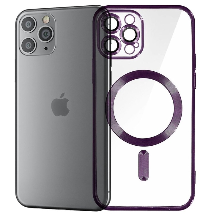 Husa tip MagSafe pentru Apple iPhone 11 Pro Max, Glamour MagCase, Protectie lentile camere, Rama electroplacata, Accente metalizate, Margini ridicate, Incarcare wireless, Magnetica, Mov
