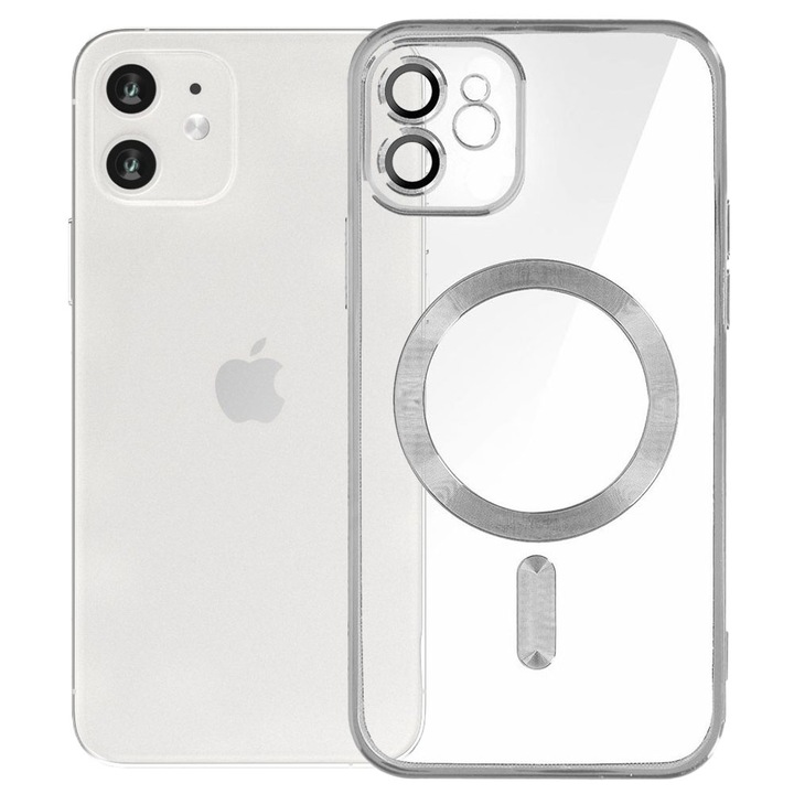 Husa tip MagSafe pentru Apple iPhone 12, Glamour MagCase, Protectie lentile camere, Rama electroplacata, Accente metalizate, Margini ridicate, Incarcare wireless, Magnetica, Argintiu