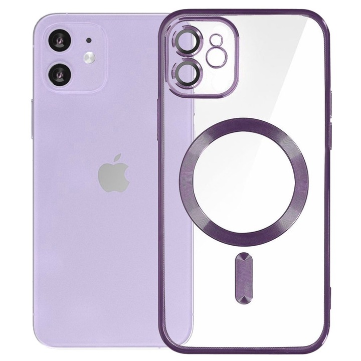 Husa tip MagSafe pentru Apple iPhone 12, Glamour MagCase, Protectie lentile camere, Rama electroplacata, Accente metalizate, Margini ridicate, Incarcare wireless, Magnetica, Mov