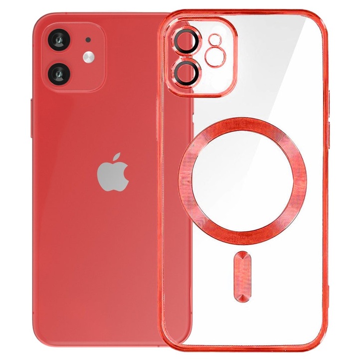 Husa tip MagSafe pentru Apple iPhone 12, Glamour MagCase, Protectie lentile camere, Rama electroplacata, Accente metalizate, Margini ridicate, Incarcare wireless, Magnetica, Rosu