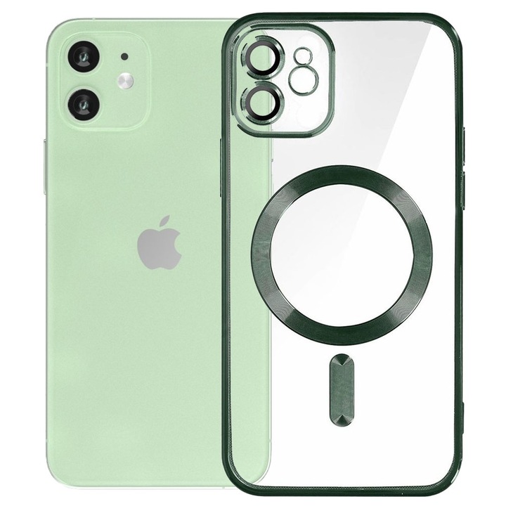 Husa tip MagSafe pentru Apple iPhone 12, Glamour MagCase, Protectie lentile camere, Rama electroplacata, Accente metalizate, Margini ridicate, Incarcare wireless, Magnetica, Verde