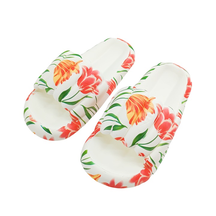 Papuci casual dama, cu motiv floral, H676, alb, 40/41