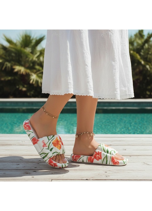 Papuci cu motiv floral H676alb 115025, Alb, 40-41