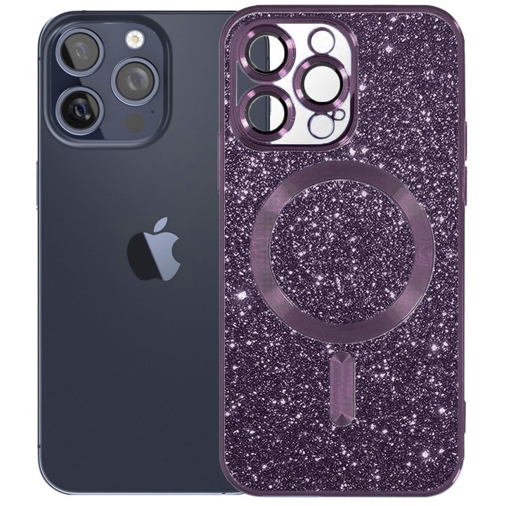 Husa tip MagSafe pentru Apple iPhone 15 Pro Max, Glitter MagCase, Sclipici integrat, Protectie lentile camere, Rama electroplacata, Accente metalizate, Margini ridicate, Incarcare wireless, Magnetica, Mov inchis