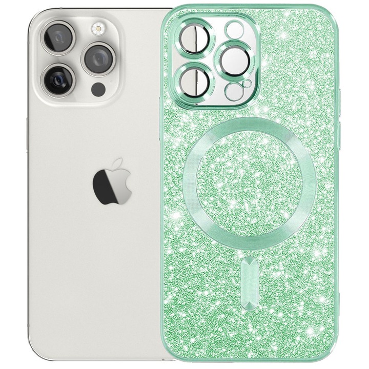 Husa tip MagSafe pentru Apple iPhone 15 Pro Max, Glitter MagCase, Sclipici integrat, Protectie lentile camere, Rama electroplacata, Accente metalizate, Margini ridicate, Incarcare wireless, Magnetica, Verde deschis
