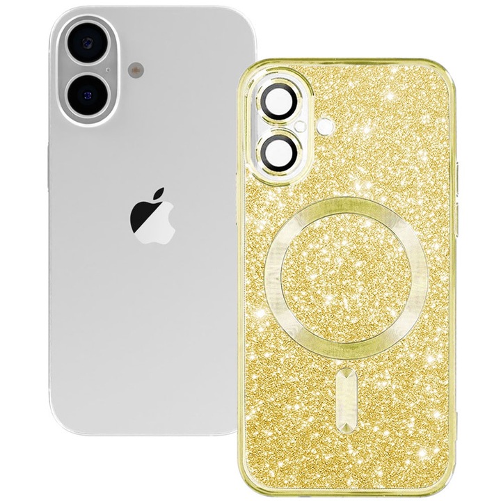 Husa tip MagSafe pentru Apple iPhone 16 Plus, Glitter MagCase, Sclipici integrat, Protectie lentile camere, Rama electroplacata, Accente metalizate, Margini ridicate, Incarcare wireless, Magnetica, Auriu