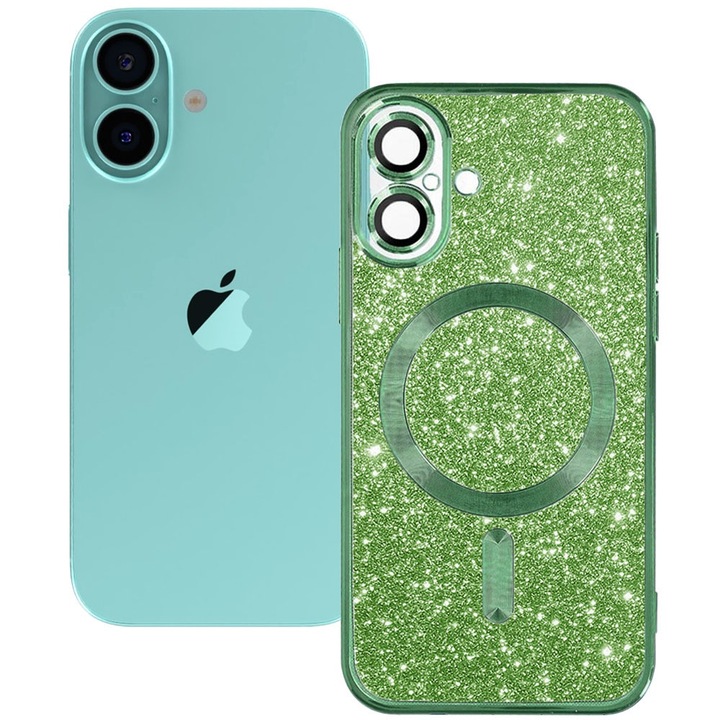 Husa tip MagSafe pentru Apple iPhone 16 Plus, Glitter MagCase, Sclipici integrat, Protectie lentile camere, Rama electroplacata, Accente metalizate, Margini ridicate, Incarcare wireless, Magnetica, Verde inchis