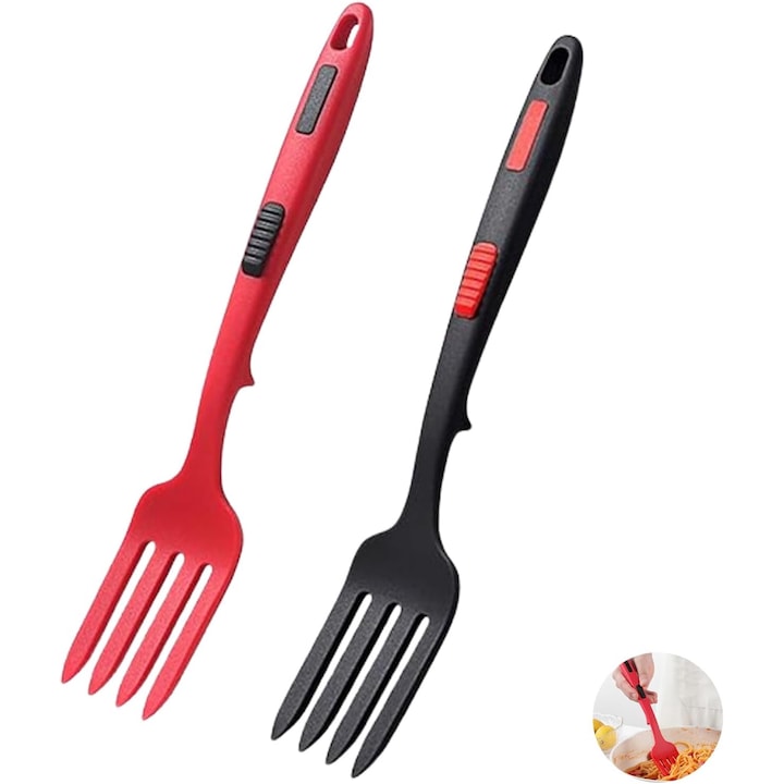 Set 2 furculite de gatit din silicon, ComResi®, rezistente la temperaturi ridicate, 29.5x5.3cm（Rosu Negru）