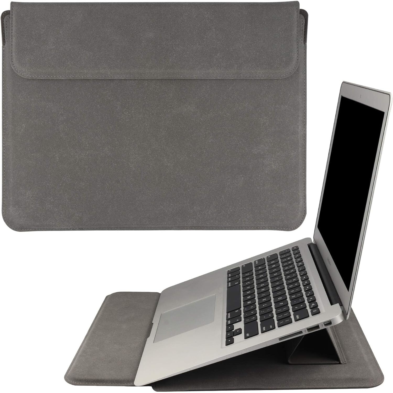 Husa/Carcasa Laptop 13/14 inch, Piele PU Eco, Compatibila MacBook Air 13 (M1 M2 M3), MacBook Pro 13/14, Surface Pro/Go, Surface Laptop, Dell XPS 13, ThinkPad X1, Zenbook 14, cu Suport Pliabil, Protectie, Gri