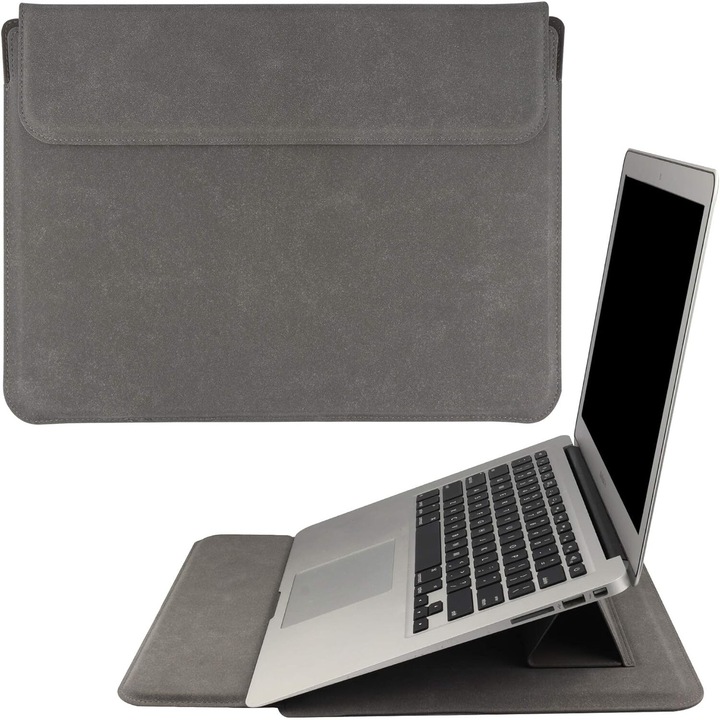 Husa/Carcasa Laptop 13/14 inch, Piele PU Eco, Compatibila MacBook Air 13 (M1 M2 M3), MacBook Pro 13/14, Surface Pro/Go, Surface Laptop, Dell XPS 13, ThinkPad X1, Zenbook 14, cu Suport Pliabil, Protectie, Gri