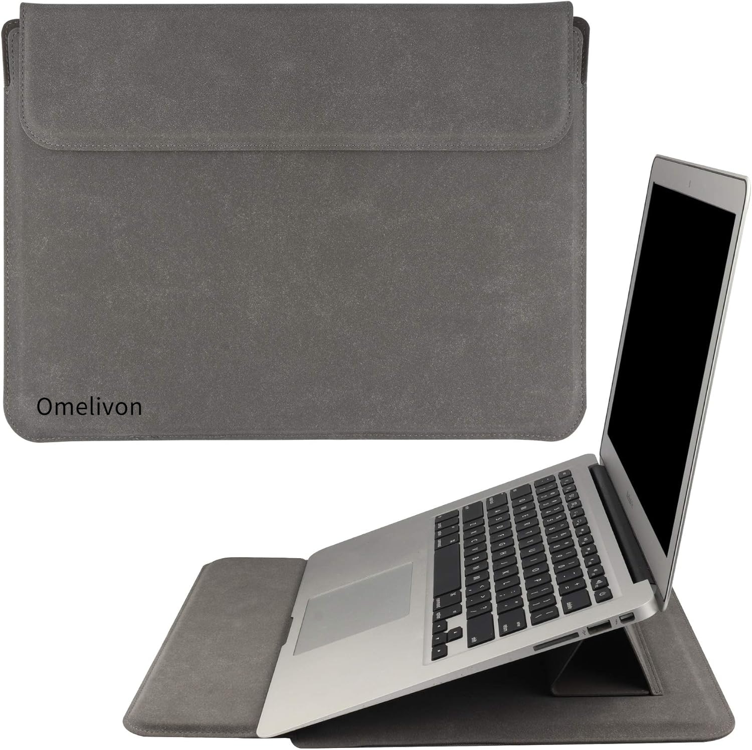 Husa/Carcasa Laptop 13/14 inch, Piele PU Eco, Compatibila MacBook Air 13 (M1 M2 M3), MacBook Pro 13/14, Surface Pro/Go, Surface Laptop, Dell XPS 13, ThinkPad X1, Zenbook 14, cu Suport Pliabil, Protectie, Gri
