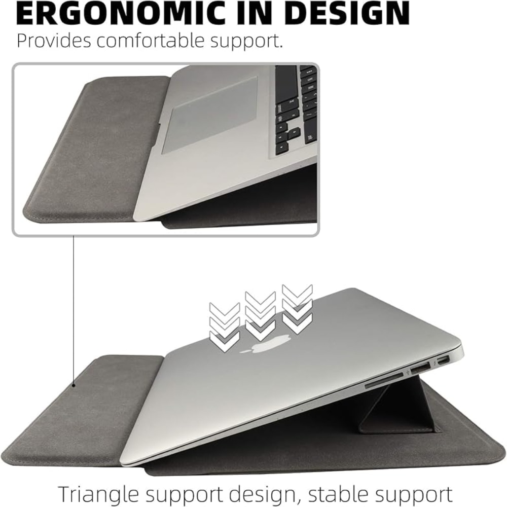 Husa/Carcasa Laptop 13/14 inch, Piele PU Eco, Compatibila MacBook Air 13 (M1 M2 M3), MacBook Pro 13/14, Surface Pro/Go, Surface Laptop, Dell XPS 13, ThinkPad X1, Zenbook 14, cu Suport Pliabil, Protectie, Gri