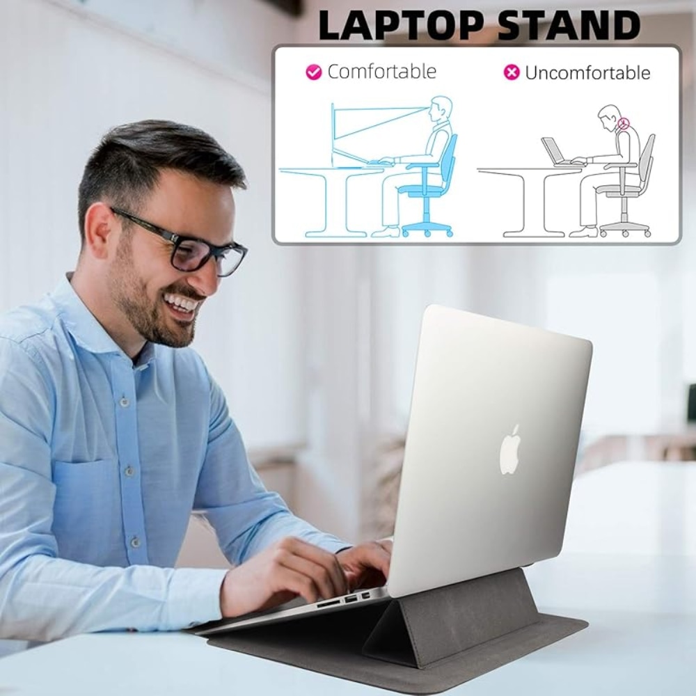 Husa/Carcasa Laptop 13/14 inch, Piele PU Eco, Compatibila MacBook Air 13 (M1 M2 M3), MacBook Pro 13/14, Surface Pro/Go, Surface Laptop, Dell XPS 13, ThinkPad X1, Zenbook 14, cu Suport Pliabil, Protectie, Gri