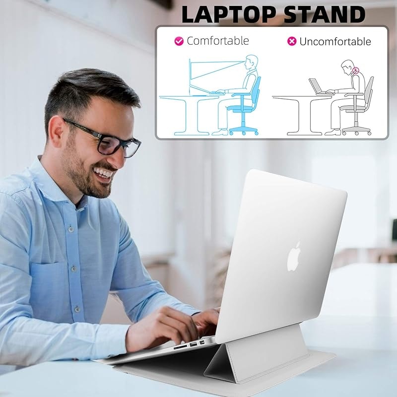 Husa/Carcasa Laptop 13/14 inch, Piele PU Eco, Compatibila MacBook Air 13 (M1 M2 M3), MacBook Pro 13/14, Surface Pro/Go, Surface Laptop, Dell XPS 13, ThinkPad X1, Zenbook 14, cu Suport Pliabil, Protectie, silvery