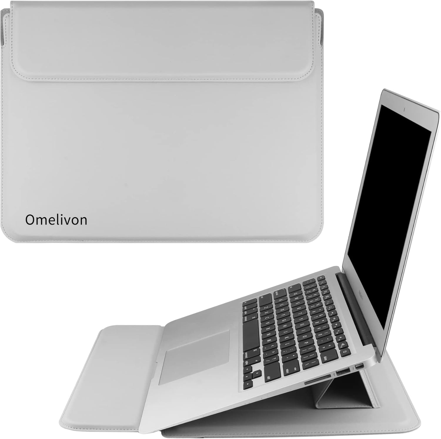 Husa/Carcasa Laptop 13/14 inch, Piele PU Eco, Compatibila MacBook Air 13 (M1 M2 M3), MacBook Pro 13/14, Surface Pro/Go, Surface Laptop, Dell XPS 13, ThinkPad X1, Zenbook 14, cu Suport Pliabil, Protectie, silvery